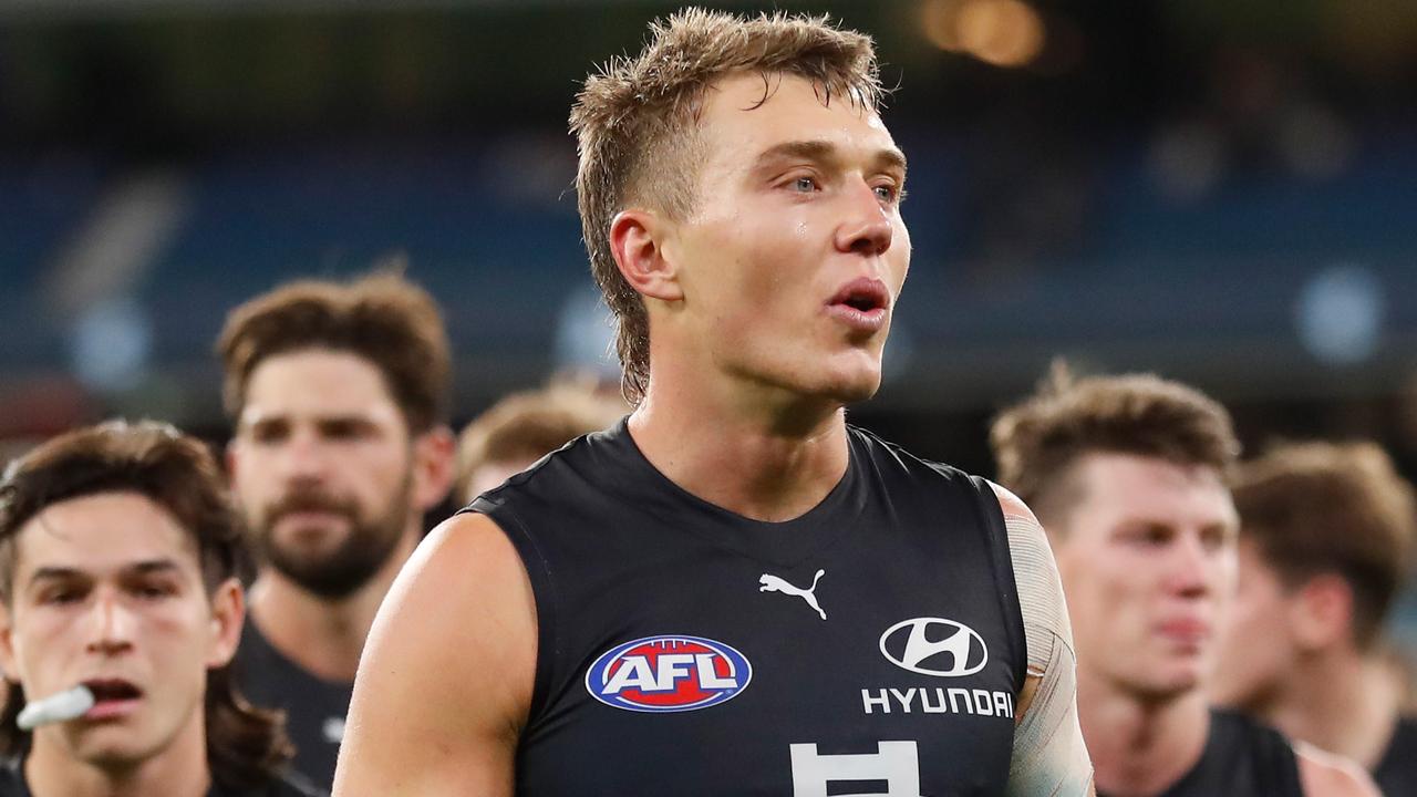 MELBOURNE, AUSTRALIA - MARCH 25: Patrick Cripps of the Blues looks dejected after a loss during the 2021 AFL Round 02 match between the Carlton Blues and the Collingwood Magpies at the Melbourne Cricket Ground on March 25, 2021 in Melbourne, Australia. (Photo by Michael Willson/AFL Photos via Getty Images)