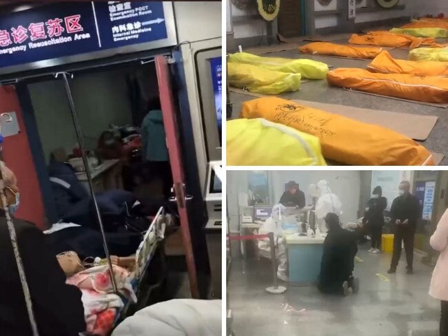 Clockwise from top left: An emergency resuscitation room overflows with patients, bodies piled up in a morgue, a man begs with hospital staff to help his child who has a high fever. Picture: Twitter