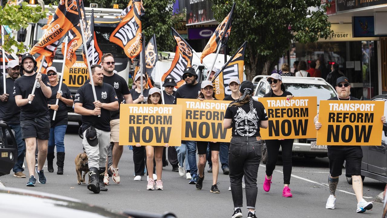 TWU members call for transport reform at the Toowoomba Labour Day march, Saturday, April 29, 2023. Picture: Kevin Farmer