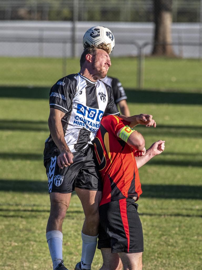 Daniel Shum, Willowburn and Alexander Edwards, Gatton. Willowburn FC vs Gatton Redbacks. 2021 TFL, Premier Men. Sunday, April 25, 2021. Picture: Nev Madsen.