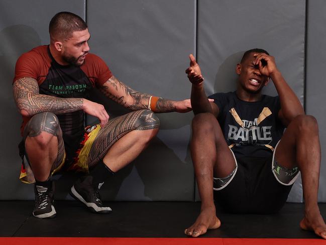 AUCKLAND, NEW ZEALAND - AUGUST 11: Tyson Pedro (L) and Israel Adesanya (R) train  during a UFC 293 media opportunity at CKB on August 11, 2023 in Auckland, New Zealand. (Photo by Phil Walter/Zuffa LLC)