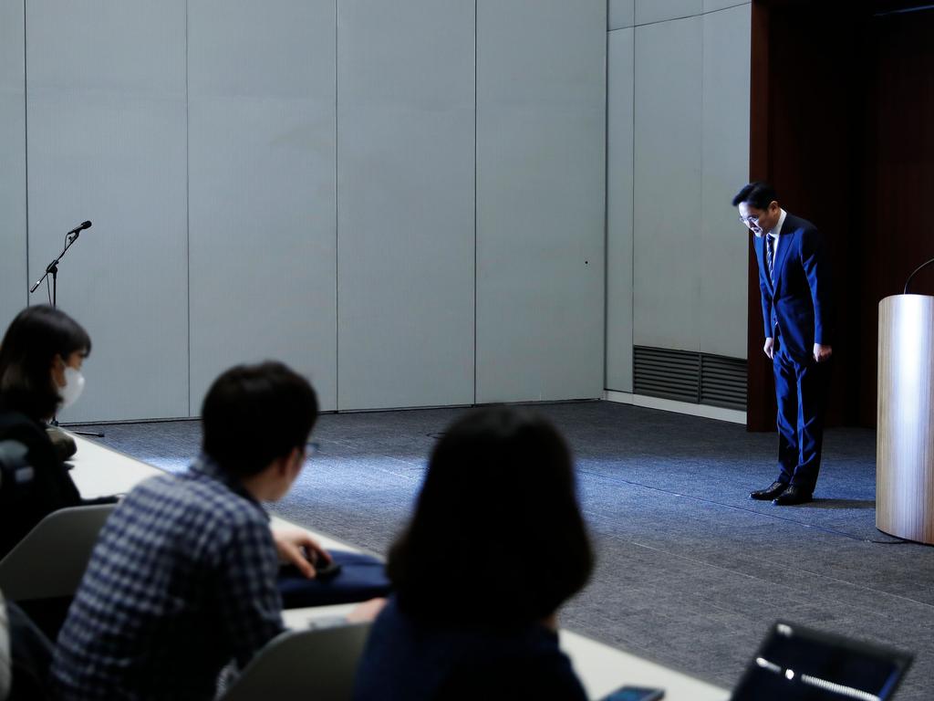 Lee Jae-yong bows during a news conference in May, where he apologised for company misconduct including a controversial plan for him to ascend to the leadership of the world's largest smartphone maker. Picture: Kim Hong-Ji / AFP