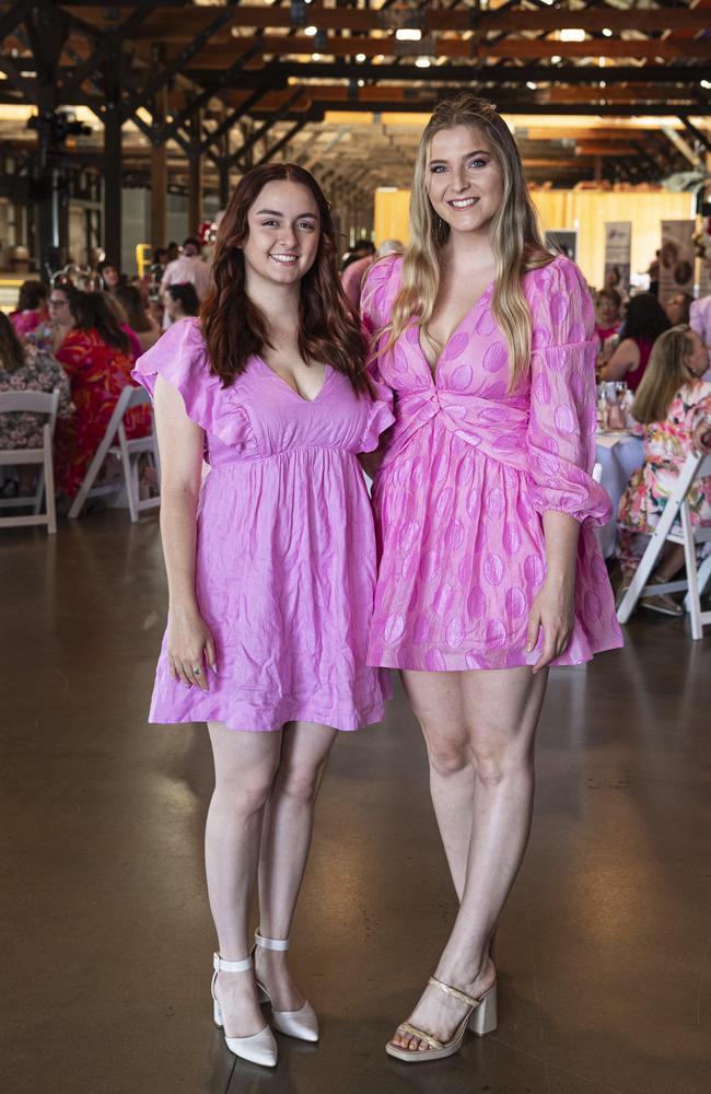 Charlotte Munchow (left) and Talia Manning at the Pink High Tea fundraiser for Toowoomba Hospital Foundation at The Goods Shed, Saturday, October 12, 2024. Picture: Kevin Farmer