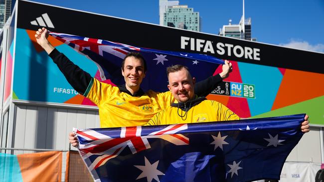 Matildas Fans Pat Lugowski and Justin Sunderland are watching the match at Tumbalong Park in Darling Harbour in Sydney. Picture: NCA Newswire / Gaye Gerard