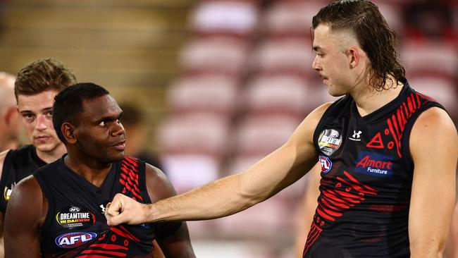 Sam Draper chatting to Mosquito in the Dreamtime game. Picture: Getty Images