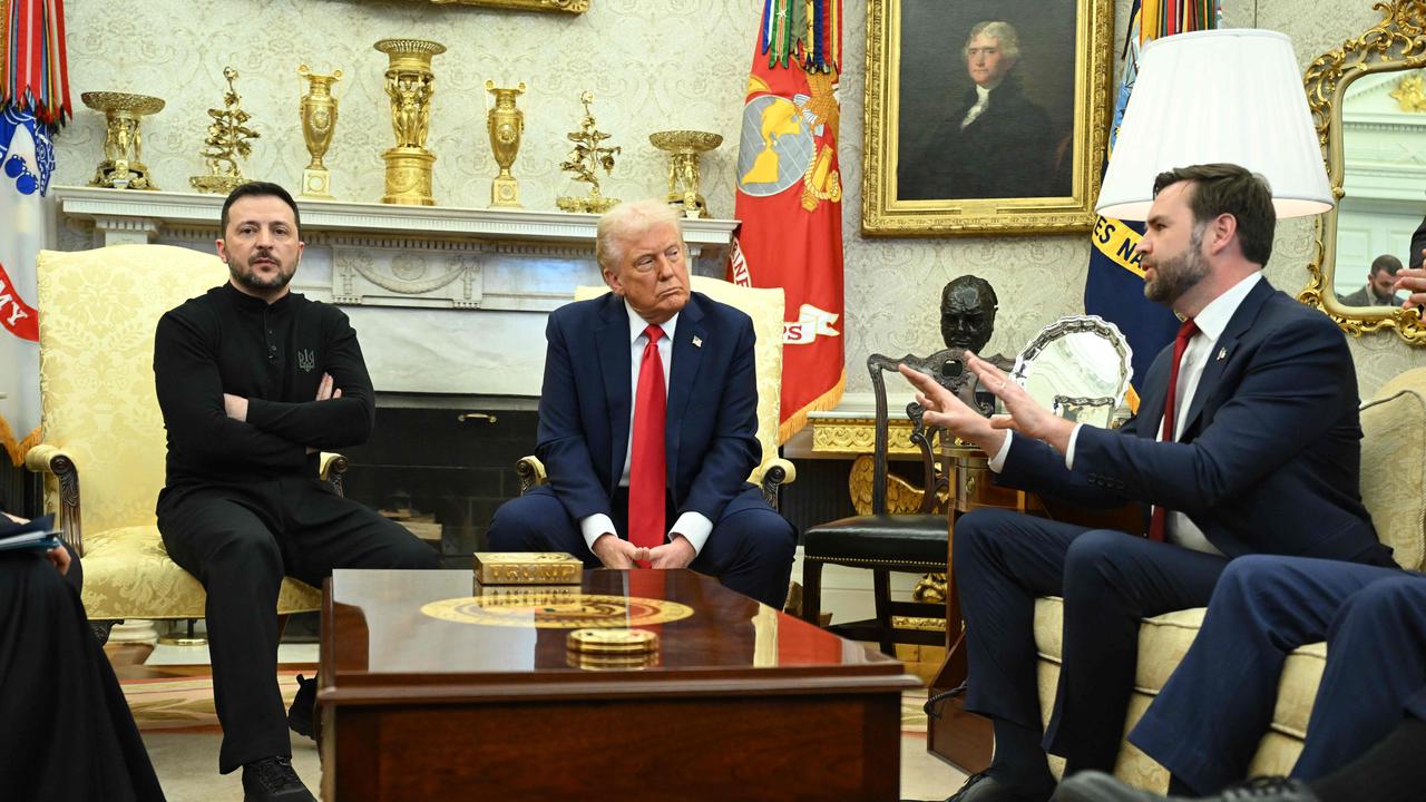 JD Vance speaks to Ukraine President Volodymyr Zelensky. Picture: Saul Loeb/AFP