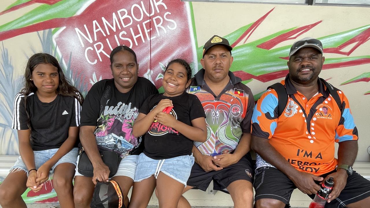 Esmay Mam-Saunders, Gracey Mam, Nakola Mam-Saunders, Russell Saunders, and George Fisher at the 2024 Sunshine Coast Bunyas Rugby League Carnival. Picture: Iwan Jones