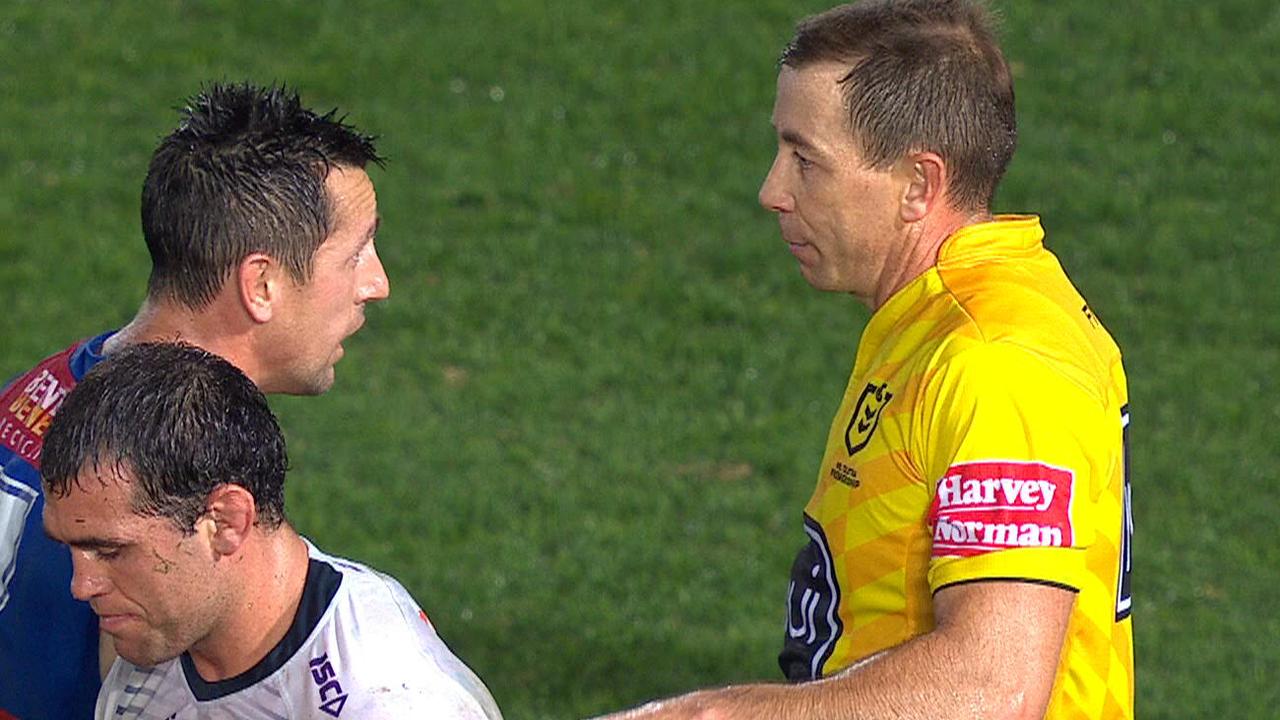 Mitchell Pearce questions the late penalty.
