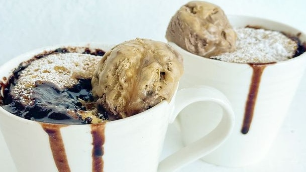 This caramel and chocolate mug cake is divine.