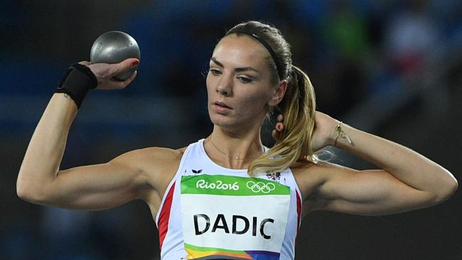 Austria's Ivona Dadic competes in the shot put component of the women's heptathlon.