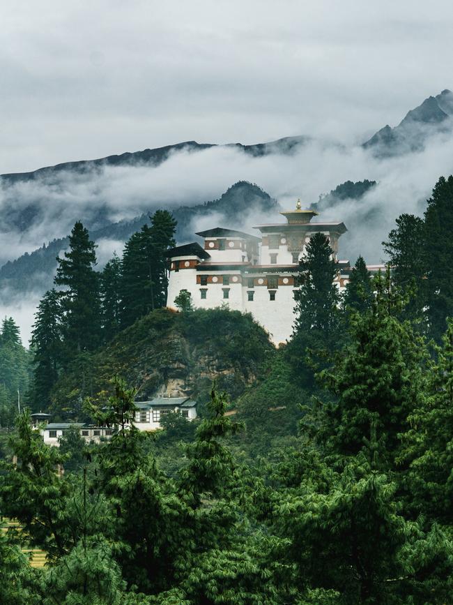 The Drukgyel Dzong can be seen from the lobby lounge at Amankora’s Paro Lodge. Picture: Chris Schalkx.