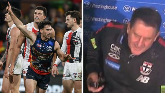 Ross Lyon reacts during the loss to Adelaide. Photos: Getty Images/Fox Sports