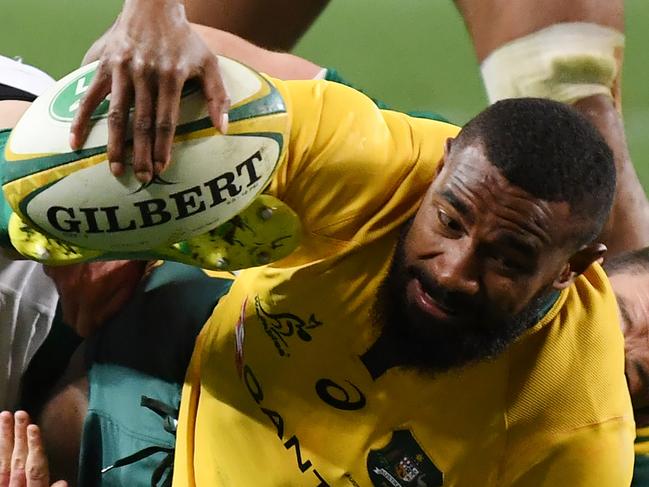 Australia's Marika Koroibete scores a try during the Third Test rugby match between Australia and Ireland at the Allianz Stadium in Sydney, Saturday, June 23, 2018. (AAP Image/David Moir) NO ARCHIVING, EDITORIAL USE ONLY