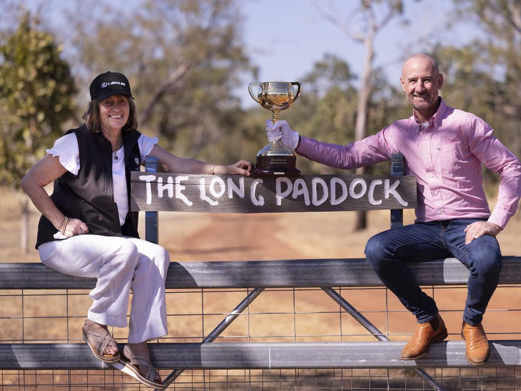 Sheila Laxon and Glen Boss in Katherine, NT, with the trophy as part of the tour. Picture: Alex Coppel