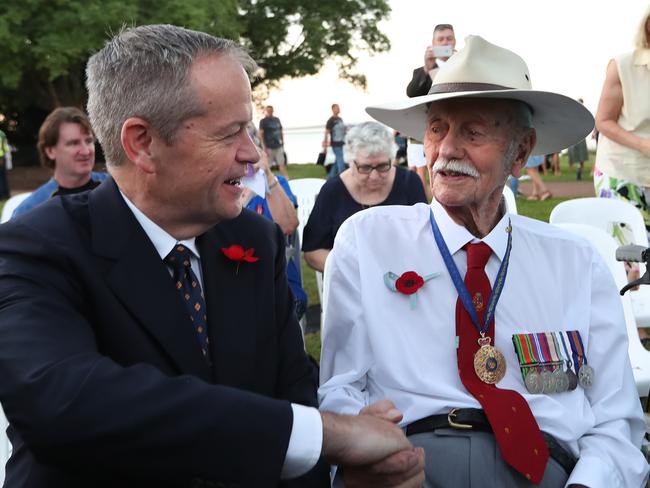 Mr Shorten with Austin Asche, 93, who served during World War II Picture: Kym Smith