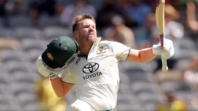 David Warner celebrates his century in Perth.