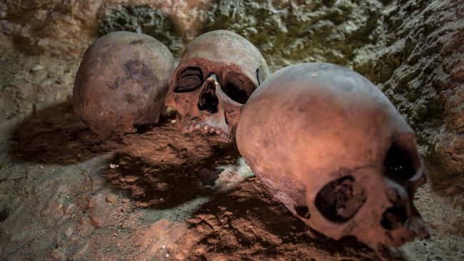 Skulls are seen at a recently found ancient Egyptian cemetery south of Cairo. Picture: EPA/Ibrahim Youssef