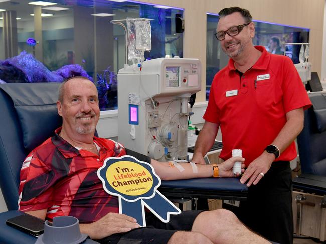 Gary Mantell, with nursing assistant Jason Boggs at the Townsville Lifeblood Centre in Garbutt, will reach the milestone of his 500th blood donation in January and is urging people to get behind the current Defence Blood Drive. Picture: Evan Morgan