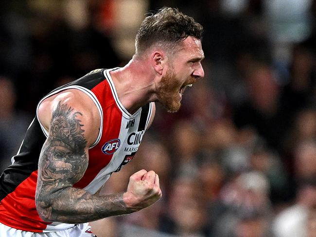 BRISBANE, AUSTRALIA - AUGUST 26: Tim Membrey of the Saints celebrates after kicking a goal during the round 24 AFL match between the Brisbane Lions and St Kilda Saints at The Gabba, on August 26, 2023, in Brisbane, Australia. (Photo by Bradley Kanaris/Getty Images)