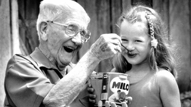 Thomas Mayne, who invented Milo, with 5-year-old Lauren Mareschi in 1991. Picture: Mark Evans