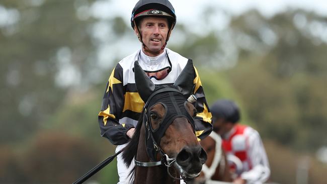 Nash Rawiller on Here To Shock after they won the Alan Brown Stakes at Rosehill Gardens in October. Picture: Jeremy Ng/Getty Images