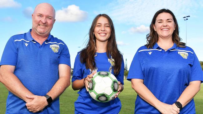 Kawana FC have announced their return to the FQPL3 women's competition. Pictured, Adam Shelly, India Fredericks and Frances Cayley. Photo: Patrick Woods.