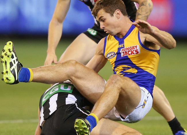 Jamie Cripps received a free kick when he fell over the top of Magpie Tom Phillips. Picture: Getty
