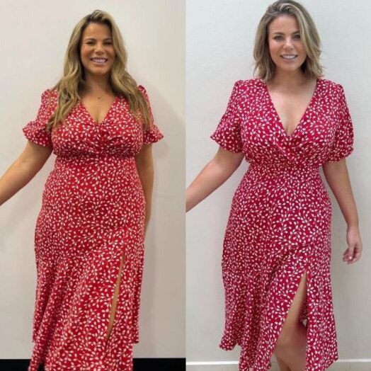 Fiona showing off her 12kg weight loss after wearing the same dress she wore after giving birth to her first child in March last year. Picture: Instagram/FionaFalkiner