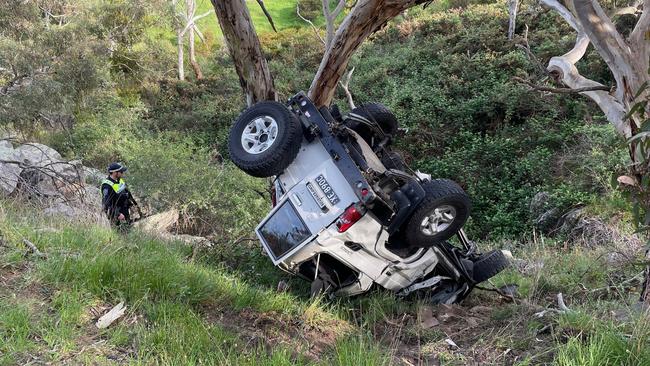 A LandCruiser and Holden Cruise collided at Cut Hill, resulting in the Landcruiser's engine detaching and crash into a tree, down an embankment. Picture: Gary Juleff