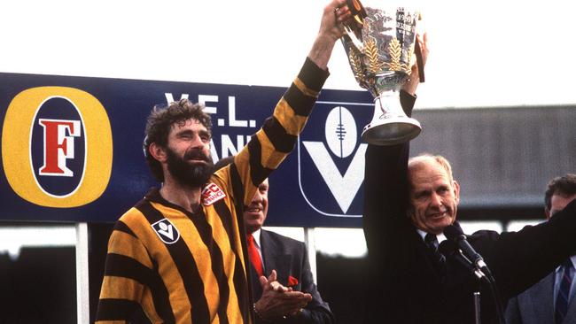 Hawks captain Michael Tuck and coach Allan Jeans with the premiership cup after the 1989 Grand Final.