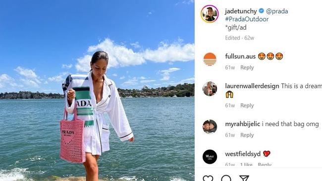 Influencer Jade Tuncdoruk shows off her luxe life, with a gift/ad tag. Picture: Instagram