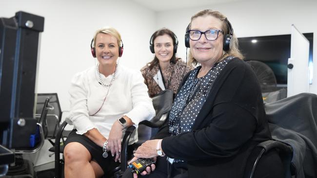 On the set of the Australian independent film Spit, a sequel to 2003 classic Gettin' Square, at the Queensland Regional Accommodation Centre near Toowoomba Wellcamp Airport. Airport general manager Kellie Banditt (centre left) with film producers Trish Lake and Felicity McVay.