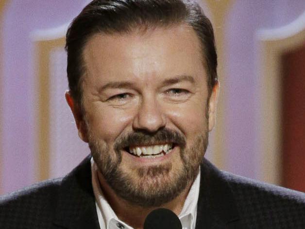 BEVERLY HILLS, CA - JANUARY 10: In this handout photo provided by NBCUniversal, Host Ricky Gervais speaks onstage during the 73rd Annual Golden Globe Awards at The Beverly Hilton Hotel on January 10, 2016 in Beverly Hills, California. (Photo by Paul Drinkwater/NBCUniversal via Getty Images)