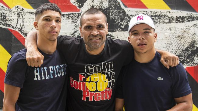 Anthony Mundine with sons Anthony Mundine III and CJ Mundine. Picture: NCA NewsWire / Jenny Evans