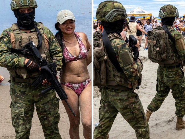 Soldiers patrolling on the beach in Ecuador.