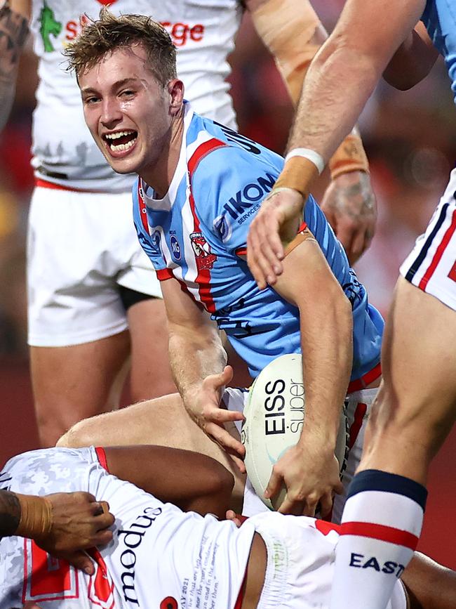 Sam Walker celebrates scoring against the Dragons. Picture: Cameron Spencer/Getty