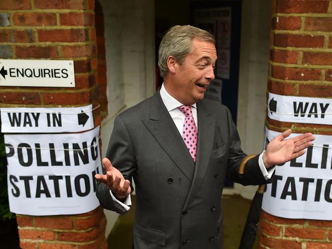 AFP PICTURES OF THE YEAR 2016 UK Independence Party (UKIP) leader Nigel Farage poses for photographers as he leaves a polling station south of London on June 23, 2016, as Britain holds a referendum to vote on whether to remain in, or to leave the European Union (EU). Millions of Britons began voting Thursday in a bitterly-fought, knife-edge referendum that could tear up the island nation’s EU membership and spark the greatest emergency of the bloc’s 60-year history. Photo: AFP/BEN STANSALL