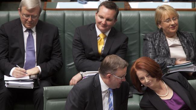 Kevin Rudd, then-manager of government business Anthony Albanese and prime minister Julia Gillard during Question Time in 2010.