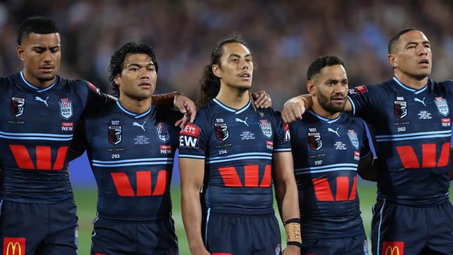 ADELAIDE, AUSTRALIA - MAY 31:  (L-R) Stephen Crichton, Brian To'o, Jarome Luai, Apisai Koroisau and Tyson Frizell of the Blues stand during the singing of the national anthem before game one of the 2023 State of Origin series between the Queensland Maroons and New South Wales Blues at Adelaide Oval on May 31, 2023 in Adelaide, Australia. (Photo by Cameron Spencer/Getty Images)