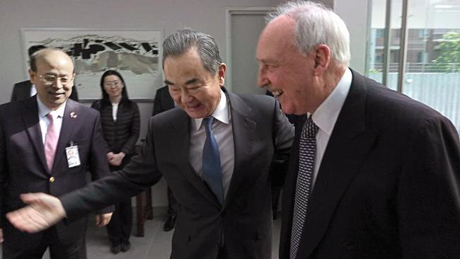 China's ambassador to Australia Xiao Qian, China's foreign minister Wang Yi greet former prime minister Paul Keating as he arrives for a meeting at the Chinese Consulate in Sydney. Picture: CGTN