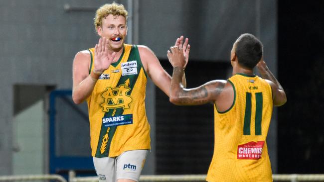 Jackson Calder and Nick Yarran of St Mary's celebrate a goal in Round 18. Picture: Tymunna Clements / AFLNT Media