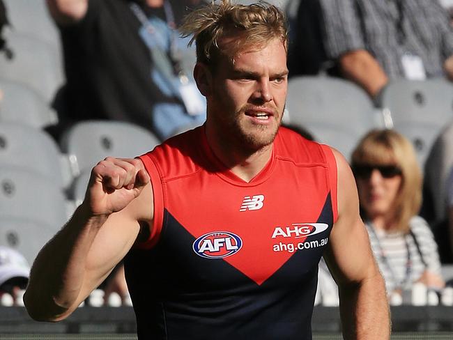 Jack Watts celebrates one of his four goals in the win over Collingwood. Picture: Wayne Ludbey