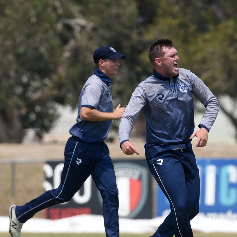 Kookaburra Cup cricket - top-of-the-table clash between Broadbeach Robina and Mudgeeraba Nerang at Broadbeach Sports and Recreation Centre. Broadbeach Robinas Kyle Brockley takes a wicket. (Photo/Steve Holland)