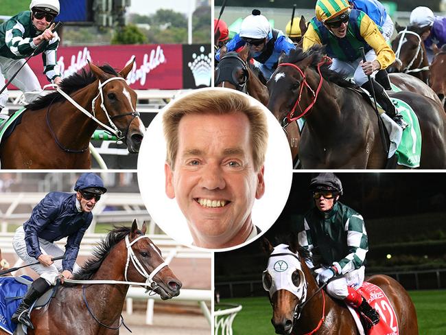 Ray Thomas (inset) previews all today's racing action, which includes the clash between Via Sistina (top left) and Ceolwulf (top right) in the Group 2 Apollo Stakes at Randwick and the showdown between Switzerland (bottom left) and Growing Empire in the Group 1 Black Caviar Lightning Stakes at Flemington.