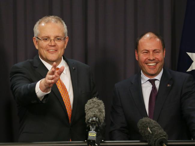 Scott Morrison during a press conference with Josh Frydenberg in Parliament House in Canberra. Picture: Gary Ramage