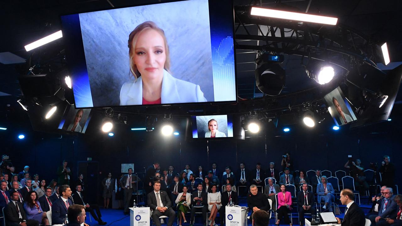 Katerina Tikhonova, the one of two Russian President Vladimir Putin's daughters, attends via videolink the Saint Petersburg International Economic Forum. Picture: Olga Maltseva/AFP