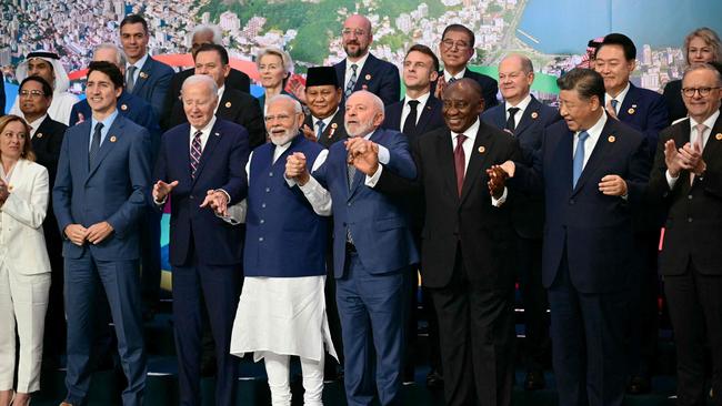 Leaders attending the meeting on Sustainable Development and Energy Transition pose for a group photo after the third session of the G20 Leaders' Meeting in Rio de Janeiro, Brazil. Picture: AFP