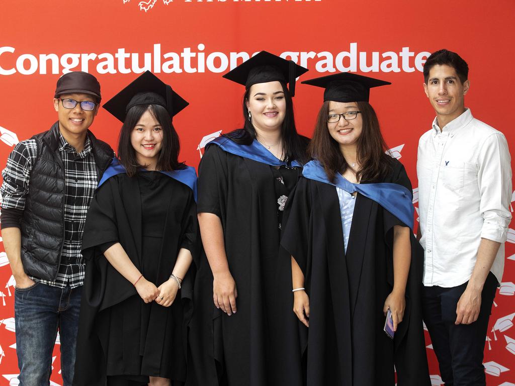 UTAS Graduations, Yiming Li, Kaiyi Zhang, Grace Coleman, Yanqi Wang and Diego Esquivel at Hobart. Picture Chris Kidd