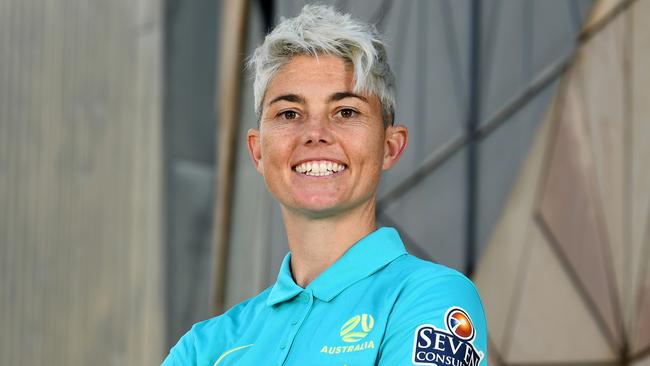 MELBOURNE, AUSTRALIA - FEBRUARY 07: Michelle Heyman of the Matildas poses during the Matildas squad announcement ahead of the AFC Women's Olympic Football Tournament Paris 2024 Asian Qualifiers, at Federation Square on February 07, 2024 in Melbourne, Australia. (Photo by Josh Chadwick/Getty Images)