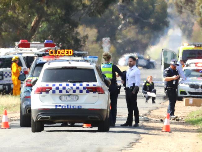 The scene of a fatal car accident on Bacchus Marsh -Balliang Rd near Quakes Rd. No by line please